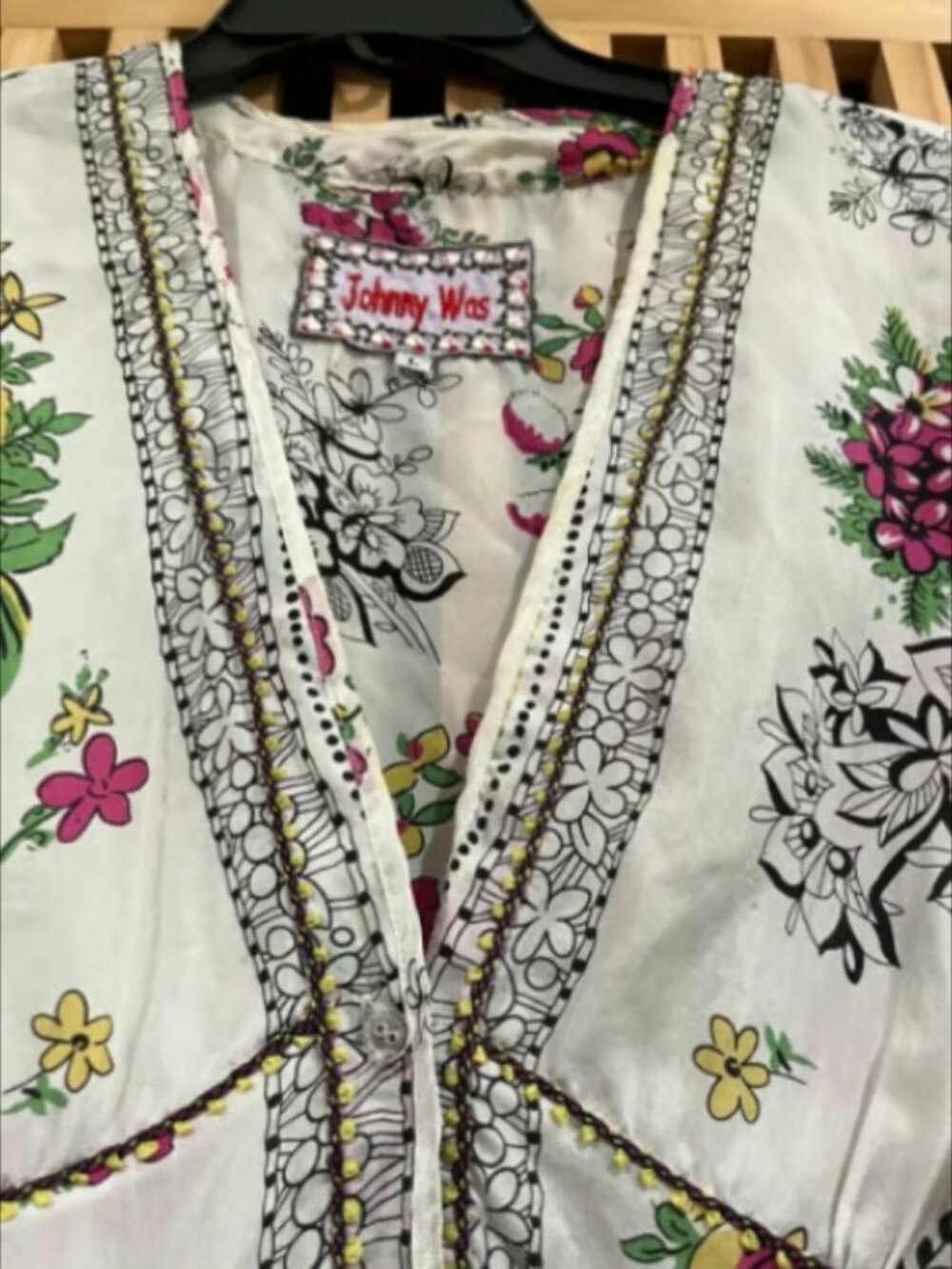Johnny Was Floral Silk Tunic Blouse Size L Boho Button Front